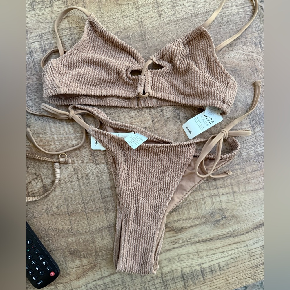 aerie Ribbed Tie-Side Bikini Set - Taupe Beige